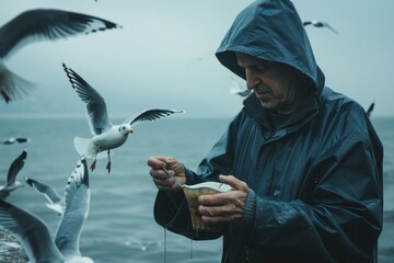 A hooded individual scatters food to gulls on a dreary day, the raindrops adding a dynamic element...