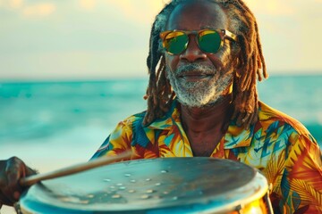 On a sunny beach, a musician with dreadlocks plays a steel drum, reflecting a vibrant Caribbean...