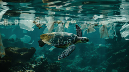 A sea turtle navigates through water cluttered with plastic waste, highlighting marine pollution