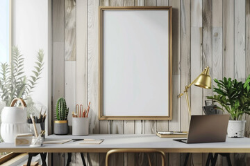 Vertical frame mockup in modern home office, featuring minimalist decor and Scandinavian-style ambiance. Perfect backdrop for creative inspiration.