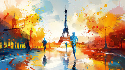 illustration in cartoon or icon style of athletes in competition, training, Olympics in france paris with eiffel tower in background

