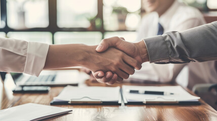 In front of a residential house, a businessman and a customer share a handshake, marking the successful signing of a house contract in the realm of real estate.