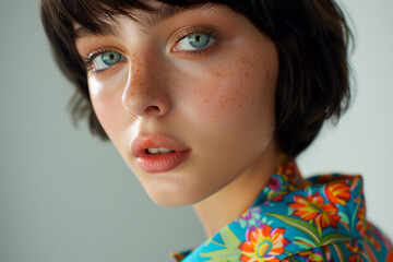 attractive young woman, studio shot, attractive, sensual look and attitude. multicolored flower shirt.