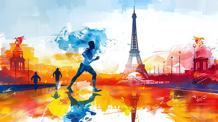 illustration in cartoon or icon style of athletes in competition, training, Olympics in france paris with eiffel tower in background
