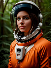 Futuristic woman astronaut in spacesuit and white-orange helmet in dense forest