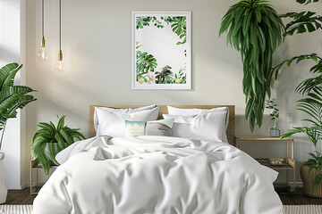 Vibrant greenery enhances modern bedroom poster mock-up, highlighting sleek design elements