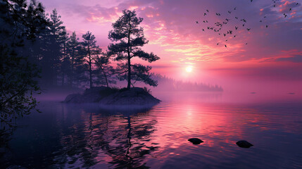 sunset over the lake with black silhouettes of trees and forest around a lake in purple colors - Powered by Adobe