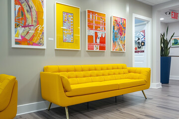 Vibrant Office Waiting Room with Yellow Sofa and Art Gallery Wall