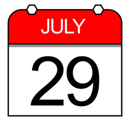 July 29th. Daily calendar isolated on white background. Date.