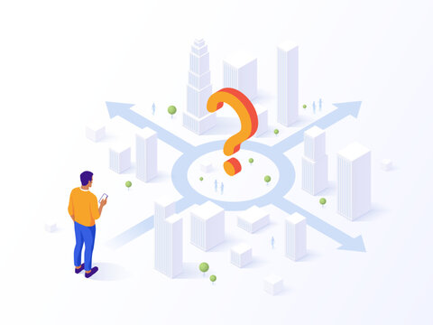 Man pondering choices at a question mark crossroad with multiple arrows. GPS navigation. Concept of decision making. Vector isometric illustration. Business concept.