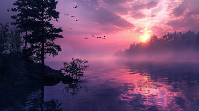 sunset over the lake with black silhouettes of trees and forest around a lake in purple colors - Powered by Adobe