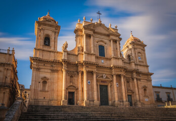 Travel to Italy - front view of Noto Cathedral Minor Basilica of St Nicholas of Myra in Sicily. June 2023, Long exposure picture