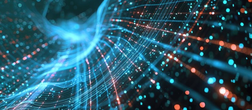 3D rendering of abstract particles in cyberspace, creating a mesmerizing pattern with depth of field and bokeh. ✨ This futuristic background brings a dynamic sense of movement, as if you're glimpsing