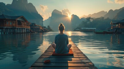 A relaxing traveler is  sitting on wooden bridge at Panyee island, Phan Nga, Thailand.