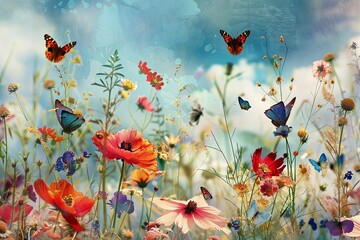 Butterflies dancing above a meadow of vibrant flowers under the sky