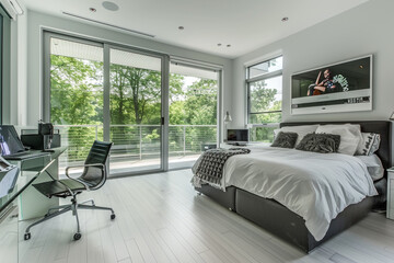 Bedroom home office view showcasing glass wall, bed, and desk arrangement with horizontal poster on wall. Crisp white wood flooring complements the contemporary design. - Powered by Adobe