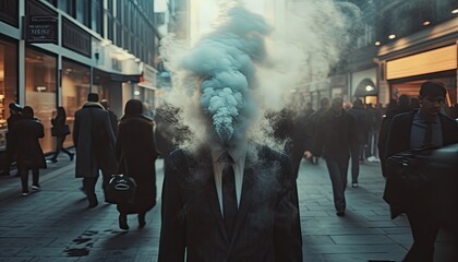 Person's head surrounded by smoke, depicting stress and mental strain amidst a crowd 🧠💨 Overwhelmed and anxious.