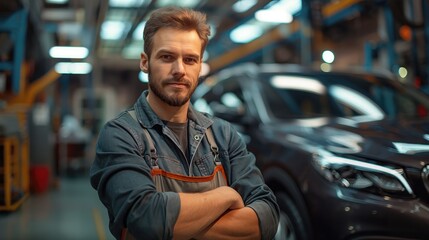 Obraz premium Handsome young man working in auto repair shop and smiling.