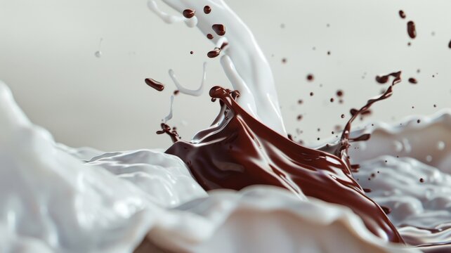 Indulge your senses with the irresistible sight of liquid milk and chocolate splashing against a pristine white transparent background