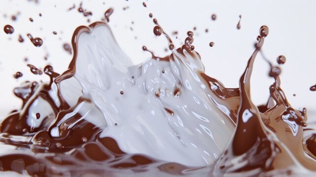 Indulge your senses with the tantalizing image of liquid milk and chocolate swirling and splashing against a clear white transparent background
