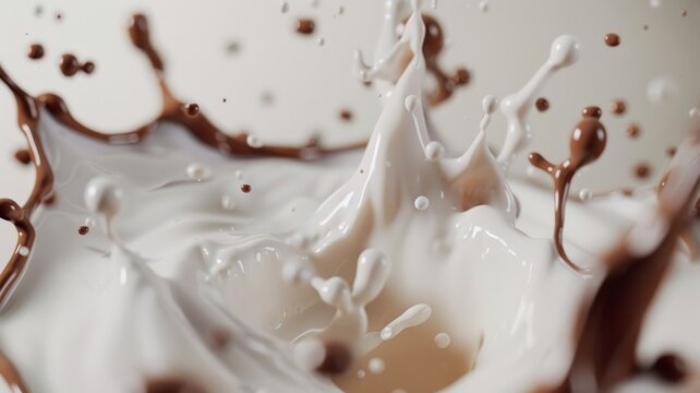 Indulge your senses with the irresistible sight of liquid milk and chocolate splashing against a pristine white transparent background