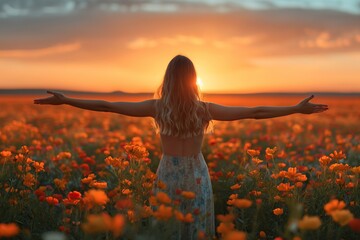 Beautiful woman in dress standing with open arms enjoying summer sunset in flower field