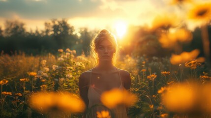 Young woman surrounded by wildflowers, bathed in the warm glow of a setting sun, evoking peace and natural beauty.