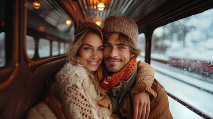 Cheerful young couple cuddles in a vintage train compartment, smiling joyfully as they travel through a snowy landscape. The warmth inside contrasts with the cold winter outside.