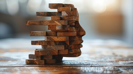 Artistic representation of a human head made from stacked wooden blocks, placed on a rustic wooden table with soft background lighting. - 795800549