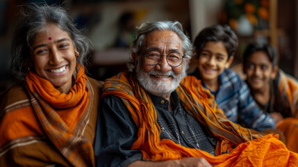 Obraz premium Joyful Indian family with a grandfather, grandmother, and two grandchildren sharing laughter and stories in a cozy home setting.