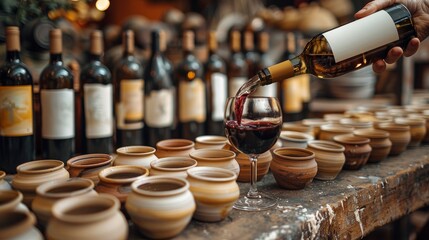 Close-up of a hand pouring red wine from a bottle into a glass, surrounded by an array of wine bottles and ceramic cups in a rustic setting. - 795800578