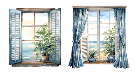 Window overlooking the sea, Rustic Cabin, watercolor clipart illustration with isolated background.