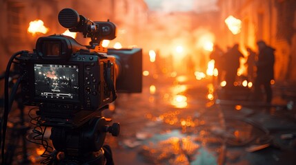 Capturing the intense atmosphere of a movie set, this image showcases professional film cameras and equipment set against a backdrop of vibrant, dynamic lighting and active crew members.