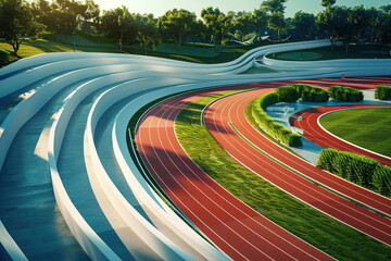 3D illustration of a sports stadium with red running tracks and seats for spectators. Generated by artificial intelligence - obrazy, fototapety, plakaty