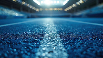 Close-up of a tennis court with blue turf. Ground level shot. Generated by artificial intelligence
