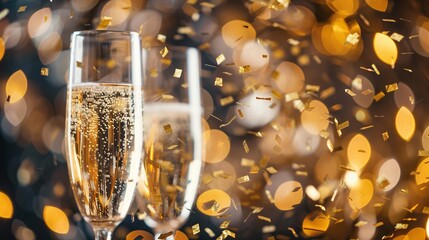 a pair of champagne glasses with confetti falling - Powered by Adobe