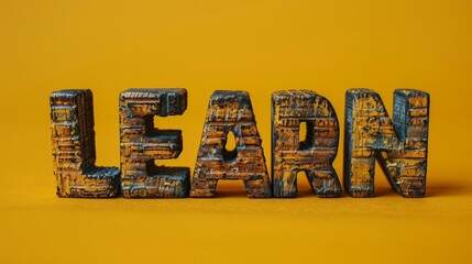 Rustic textured wooden letters form the word 'LEARN' against a vibrant yellow backdrop, depicting concepts of education and creativity.