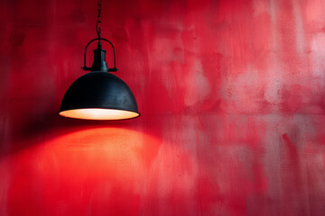 Obraz premium A lamp hangs against a red wall, casting its light and illuminating the area, with space available for text or presentation.