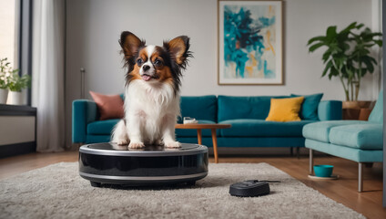 Cute dog, robot vacuum cleaner at home