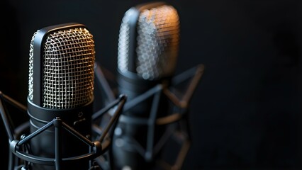 Two microphones in podcast studio against dark background for media concepts. Concept Media Studio, Podcast Equipment, Dark Background, Professional Setup, Microphones