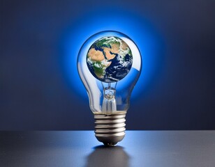 Earth inside a light bulb in a clean studio background with copy space, clean energy and sustainability concept
