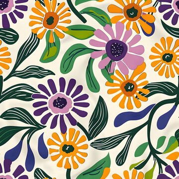Retro Matisse Flowers Seamless Pattern
