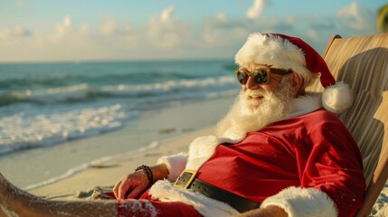 a man in a santa garment on a beach