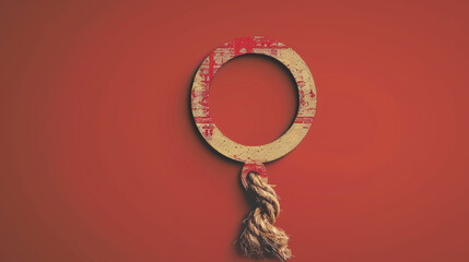 Conceptual image featuring a textile and wooden ring against a vibrant red background, symbolizing gender equality and unity. - 795802135