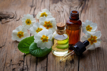 Organic cosmetics, Primula natural oil, handmade with herbal and primrose flower extracts in glass bottles