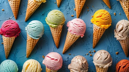 Assortment of ice cream in a cone. Variety of ice cream scoops in cones. Copy space. Sweet fruit ice cream. top view. blue background