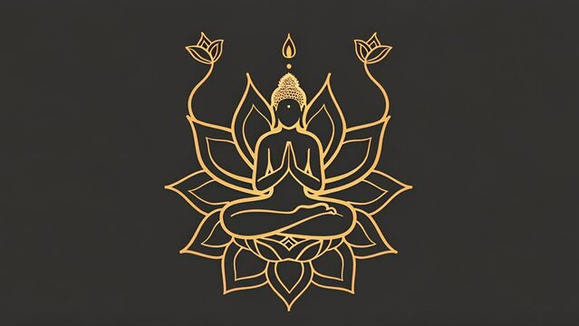 Pushing towards a golden logo of buddha meditating sitting in a lotus flower. Logo for wellness, massage or spirituality center.