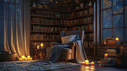 Literary Sanctuary: Cozy Candlelit Reading Corner with Plush Comforts