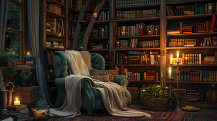 Literary Sanctuary: Cozy Candlelit Reading Corner with Plush Comforts