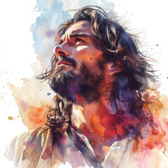 Fototapeta premium portrait of jesus of nazareth with crown of thorns in watercolor painting of jesus isolated against white background 